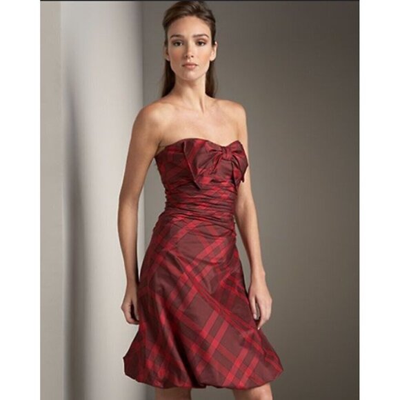 Kay Unger Women's Red Plaid Strapless 100% Silk Cocktail Dress - 8 - Picture 1 of 14